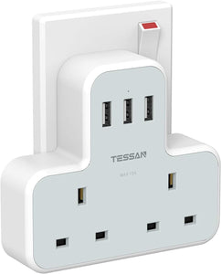 Tessan Plug Adapter with 3 USB Plug, Double Plug Adaptor Extension Plug, 2 Way Multi Plug Extension with USB Charger Plug, Slim Multiple Plug Socket UK for Kitchen, Office, School Supplies