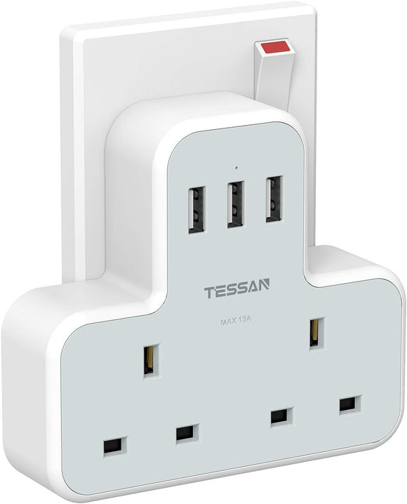 Tessan Plug Adapter with 3 USB Plug, Double Plug Adaptor Extension Plug, 2 Way Multi Plug Extension with USB Charger Plug, Slim Multiple Plug Socket UK for Kitchen, Office, School Supplies