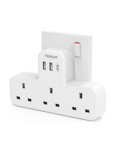 TESSAN Plug Extension 3 Way Plug Adapter UK with Multi USB Plug